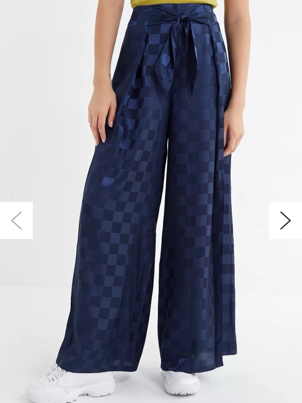 Urban Outfitters Navy Check Satin Wide-Leg Tie Waist Pants